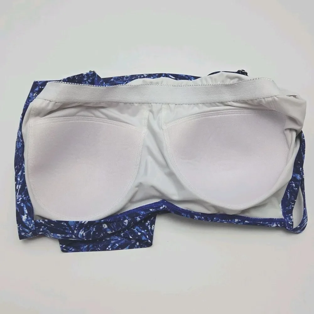 LL Bean Swim Top Tankini Women Sz 18 Padded Bra Blue White Adjustable UPF 50+
